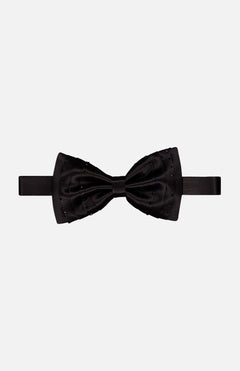 The ITALO FERRETTI Black Crystals Bowtie is handmade in Italy from 100% silk with a satin finish and subtle dotted details, displayed against a plain white background.