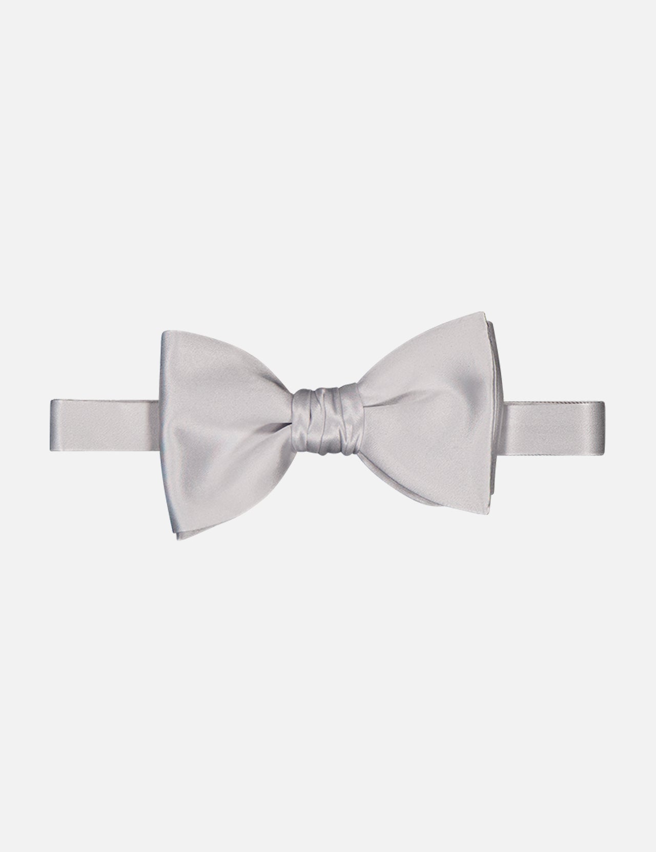 The ITALO FERRETTI Bowtie is a luxurious silver satin accessory with a classic shape, adjustable strap, and handmade in Italy. It’s showcased on a plain white background.
