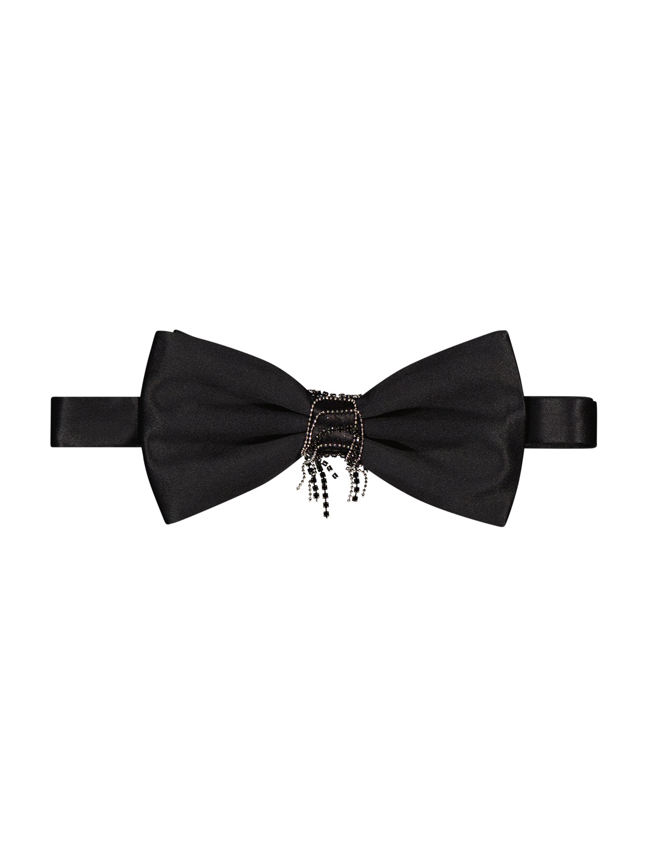 The ITALO FERRETTI Center Rhinestone Fringe Bow Tie is a handmade black silk accessory from Italy, featuring a striking rhinestone fringe detail at the center and an elegant matching black band—perfect for tuxedo attire.