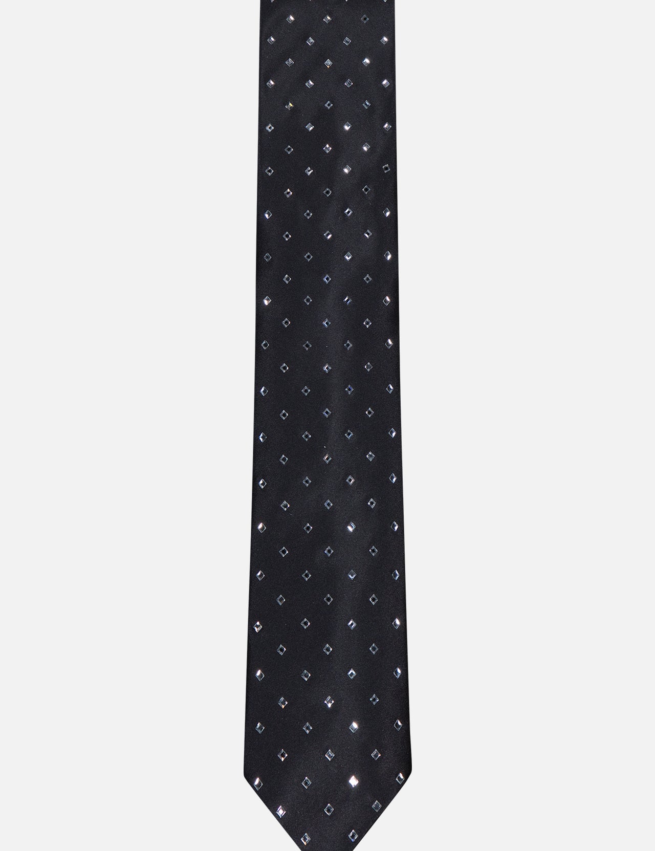 The ITALO FERRETTI Clear Swarovski Tie is a black silk necktie adorned with subtle white and silver diamond shapes, delivering classic elegance.