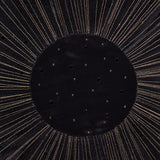The ITALO FERRETTI Embroidered Sparkly Pocket Square is handmade in Italy in black, featuring a central large circle with gold dots and radiating gold lines that create a striking sunburst pattern.