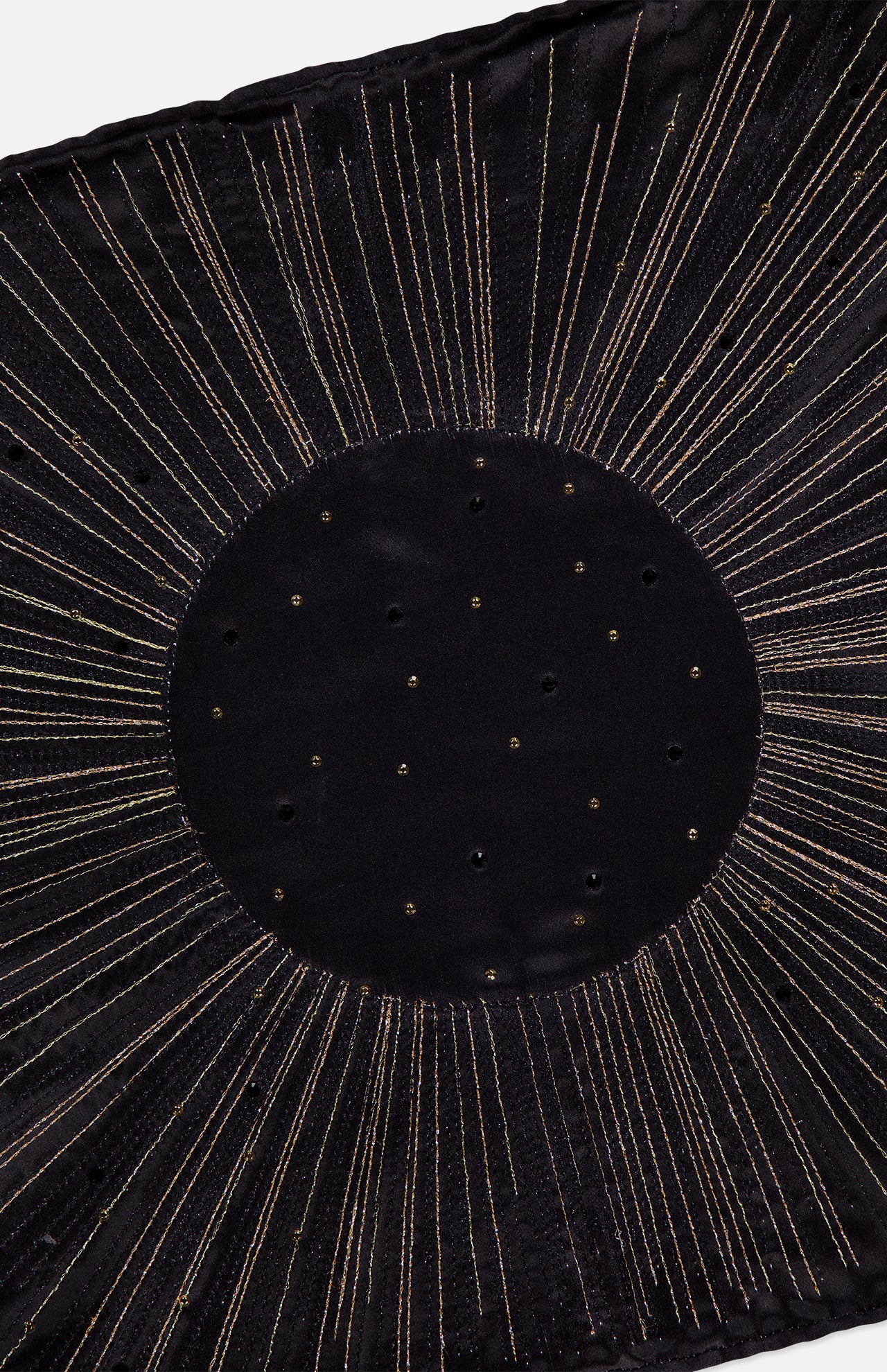 The ITALO FERRETTI Embroidered Sparkly Pocket Square is handmade in Italy in black, featuring a central large circle with gold dots and radiating gold lines that create a striking sunburst pattern.