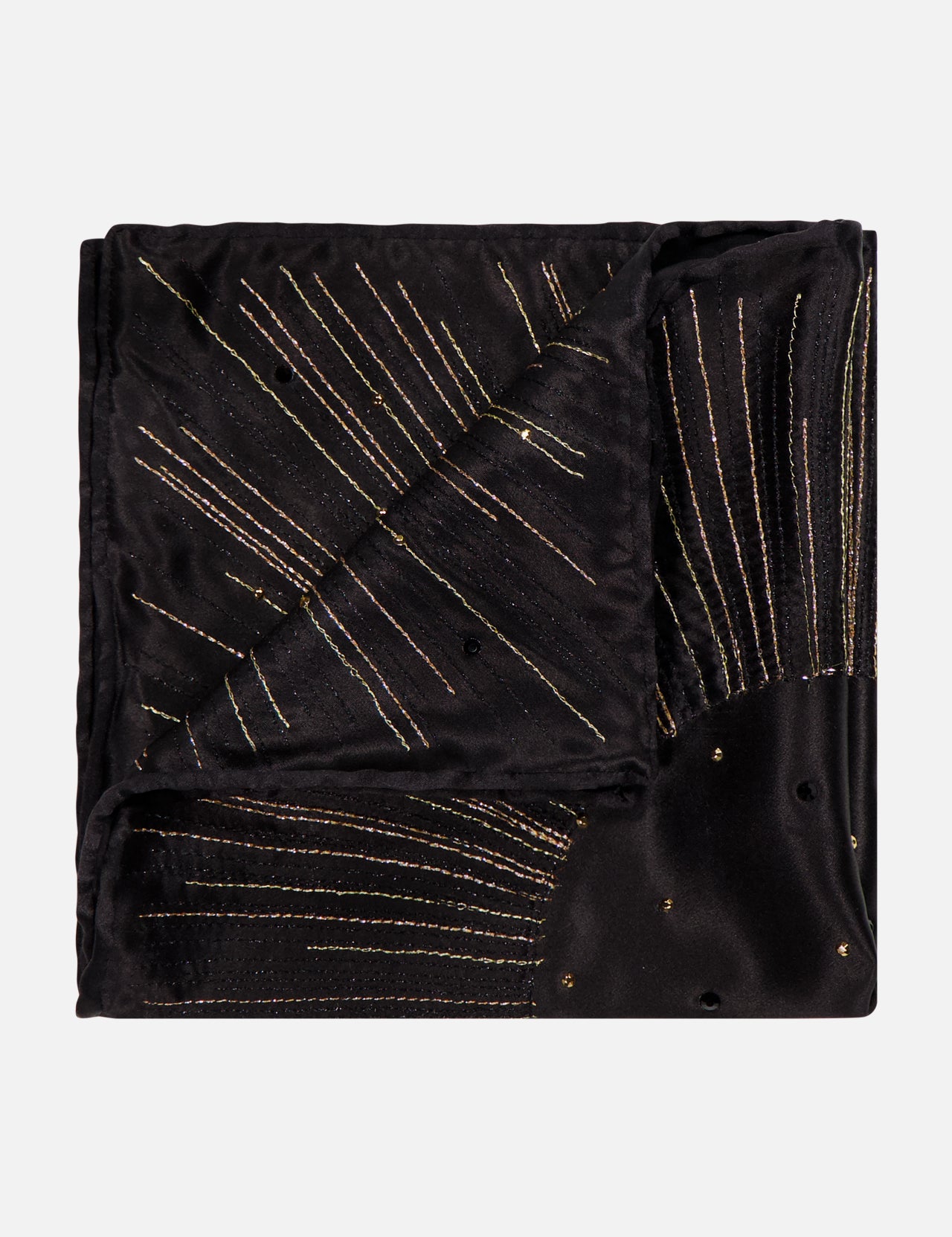 The ITALO FERRETTI Embroidered Sparkly Pocket Square is a handmade black silk accessory from Italy, adorned with gold and silver linear embroidery and small decorative dots in a geometric pattern.