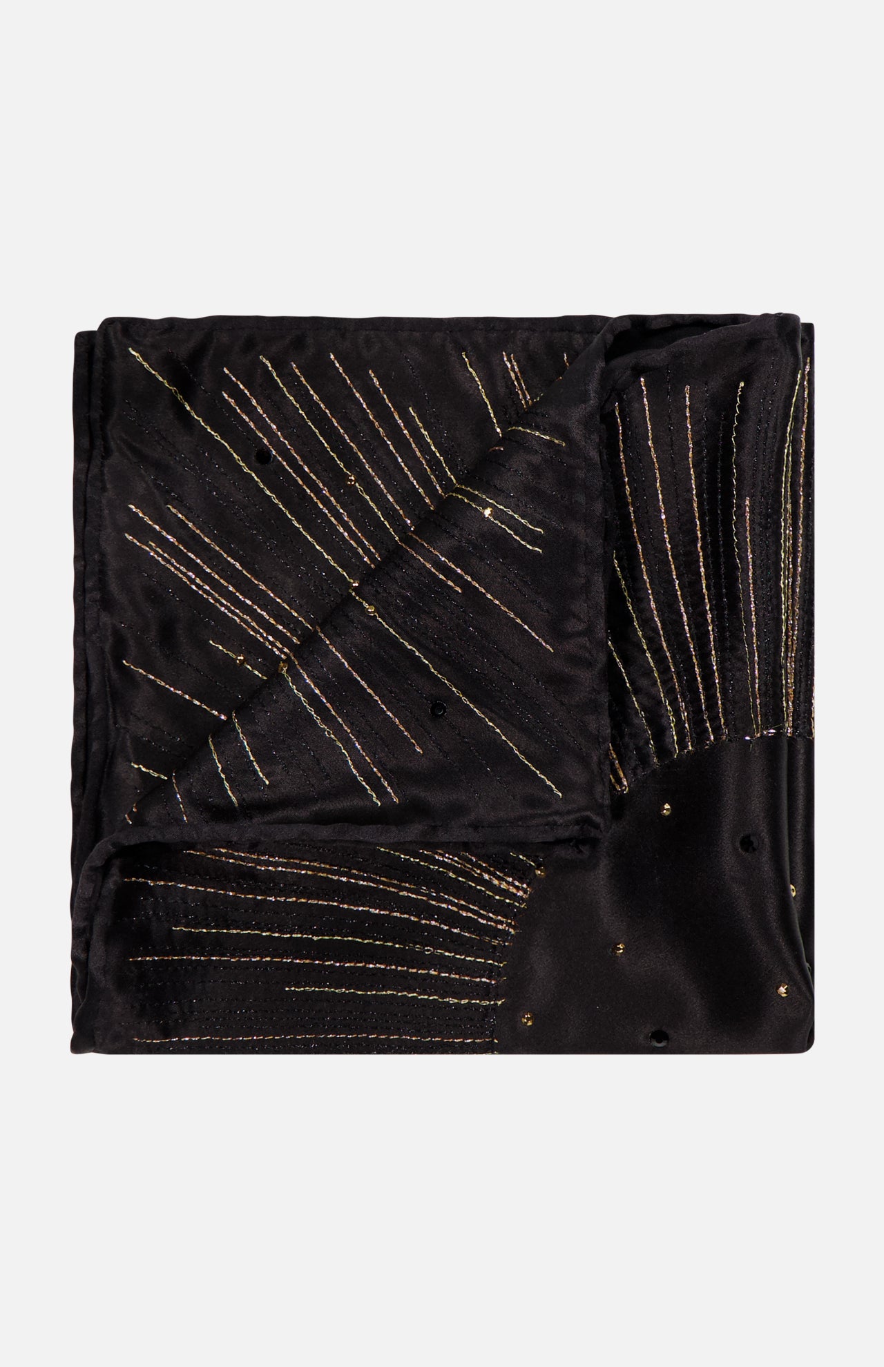 The ITALO FERRETTI Embroidered Sparkly Pocket Square is a handmade black silk accessory from Italy, adorned with gold and silver linear embroidery and small decorative dots in a geometric pattern.