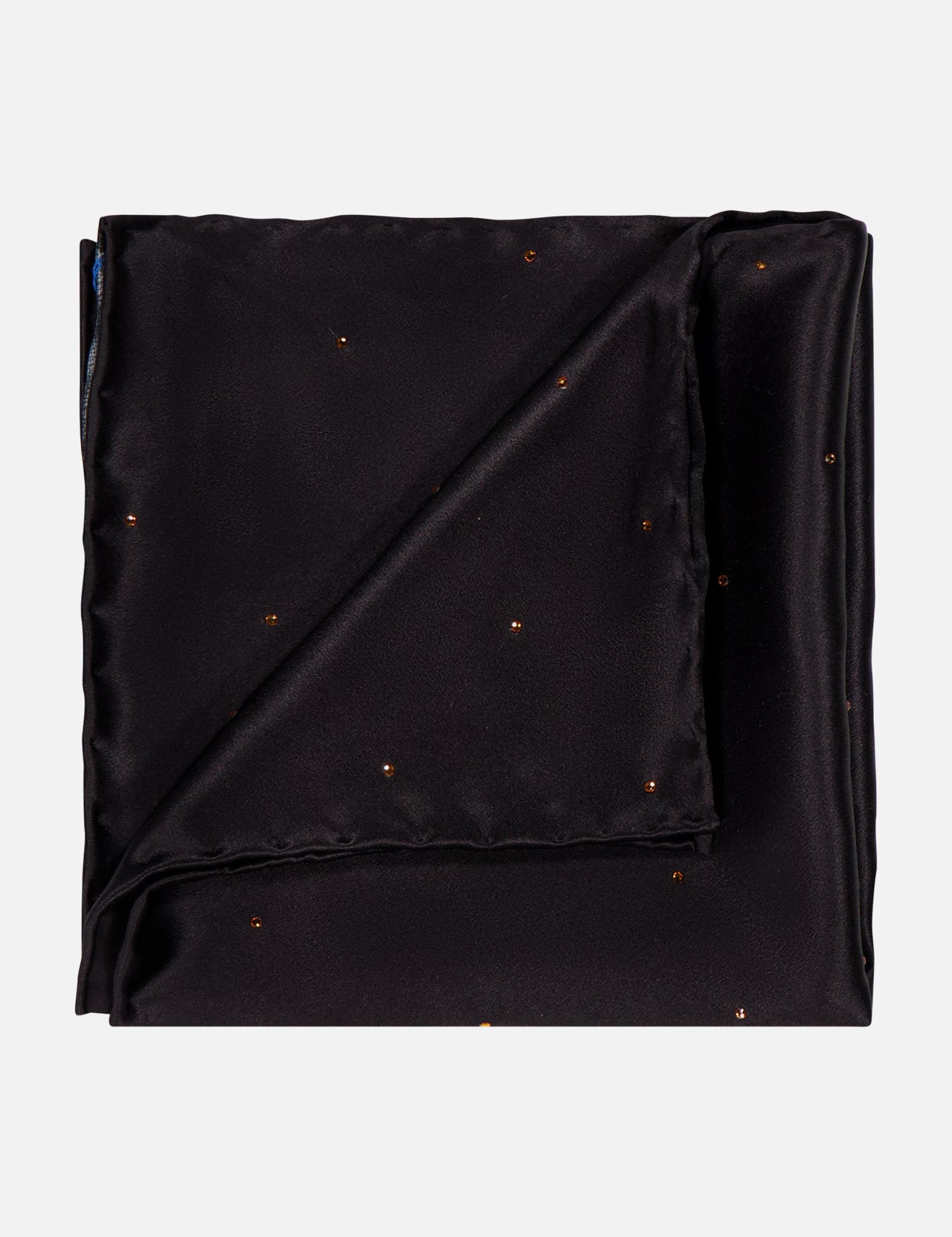 The ITALO FERRETTI Jeweled Pocket Square, handmade in Italy, is a folded black silk accessory adorned with a subtle pattern of small gold crystals, shown against a white background.