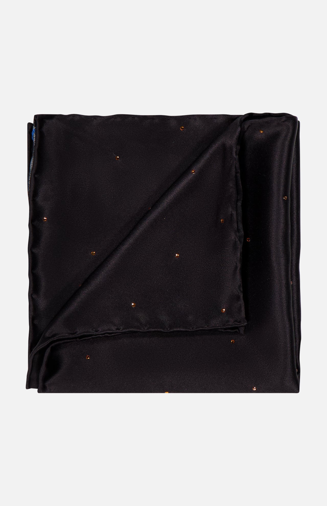 The ITALO FERRETTI Jeweled Pocket Square, handmade in Italy, is a folded black silk accessory adorned with a subtle pattern of small gold crystals, shown against a white background.