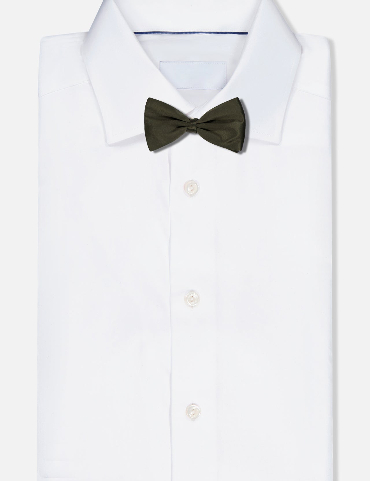 A white dress shirt with an ITALO FERRETTI Satin Bowtie, handmade in Italy, is neatly folded and displayed on a plain white background.