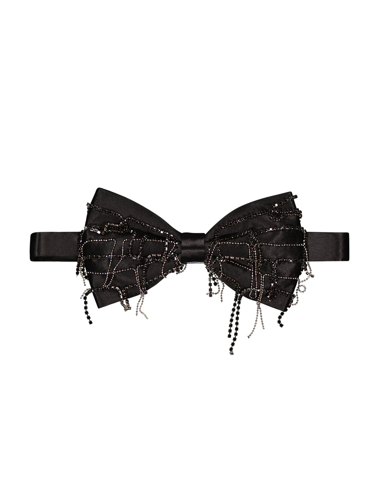 The ITALO FERRETTI Rhinestone Fringe Bow Tie is handmade in Italy, featuring black silk, intricate beadwork, sequin embellishments, and dangling beaded strands for a decorative, textured look.