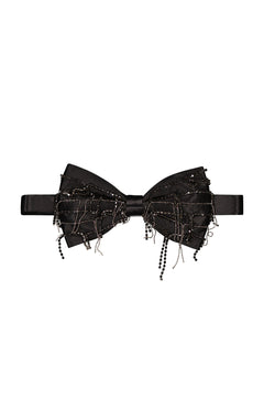The ITALO FERRETTI Rhinestone Fringe Bow Tie is handmade in Italy, featuring black silk, intricate beadwork, sequin embellishments, and dangling beaded strands for a decorative, textured look.