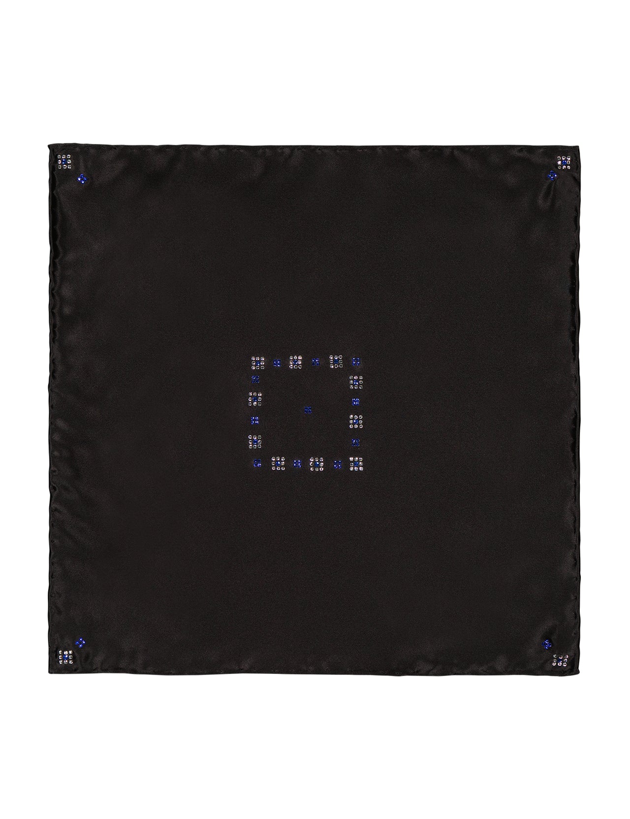 The ITALO FERRETTI Swarovski Crystal Detailed Pocket Square is a luxury black accessory, handmade in Italy, featuring sparkling crystal accents and displayed on a plain white background.