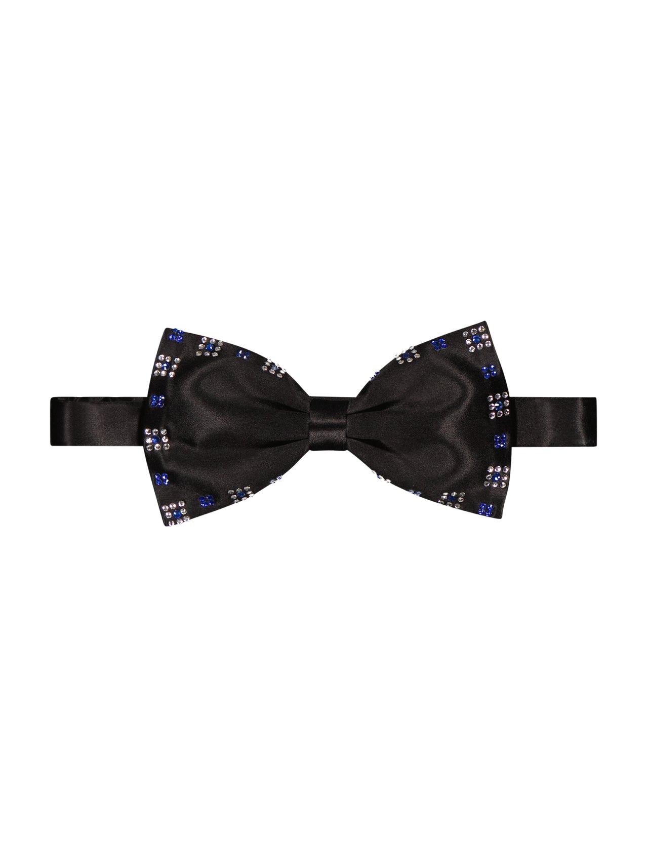 The ITALO FERRETTI Swarovski Crystal Silk Bow Tie, handmade in Italy, features black silk with subtle white and blue dotted edges and is displayed against a white background.