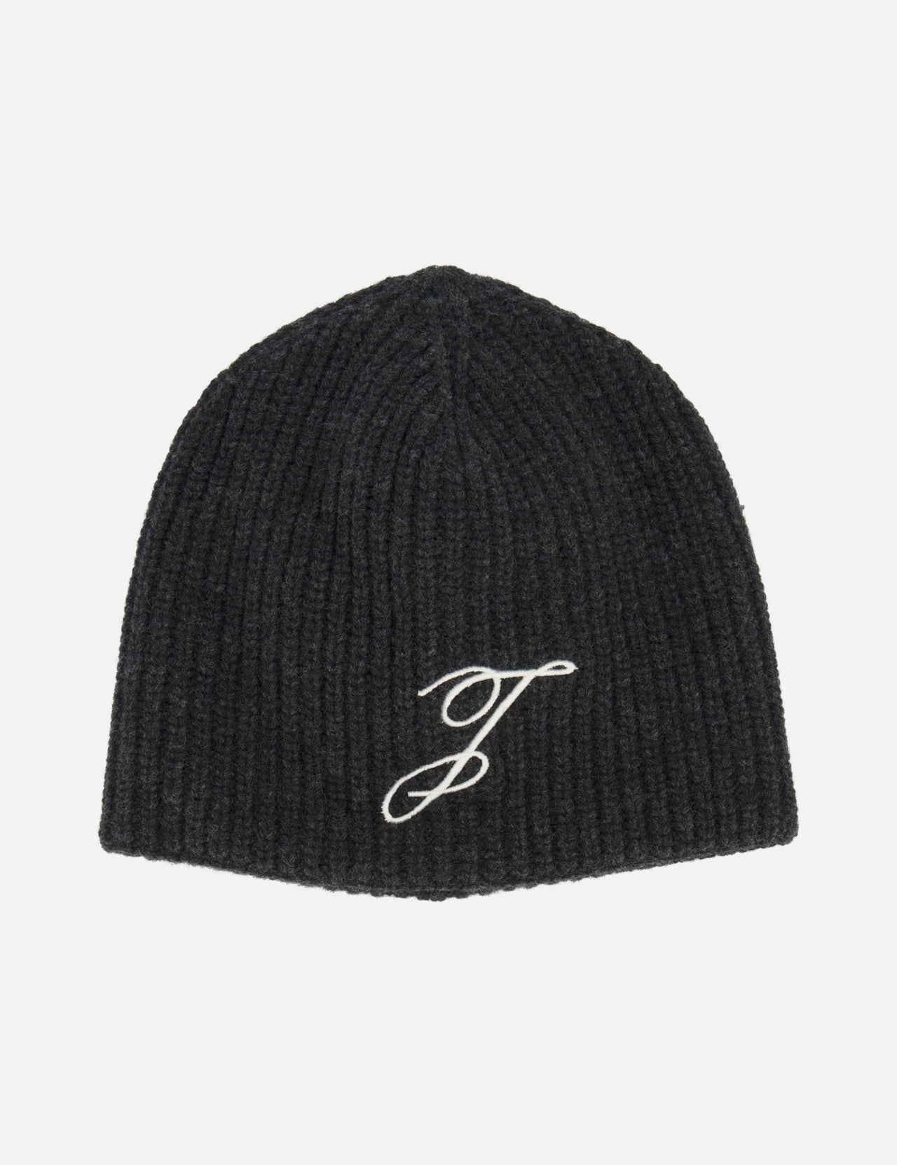 The JACQUEMUS Le Bonnet Espiral Wool Beanie is a dark grey ribbed knit in extra fine merino wool, featuring a white embroidered cursive "J" on the front, shown against a plain white background for a chic, understated look.