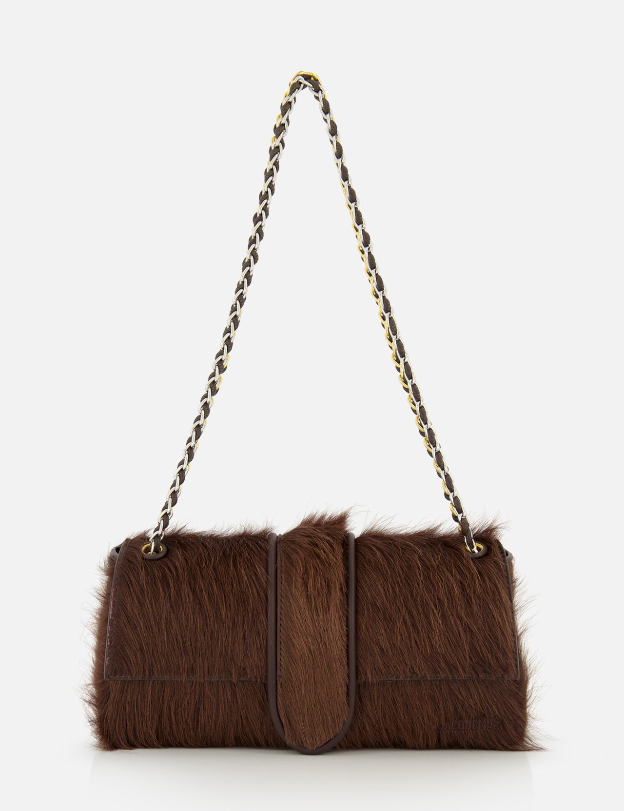 JACQUEMUS Le Bambino Chaine bag, a rectangular brown cow hair shoulder bag with a braided chain strap.