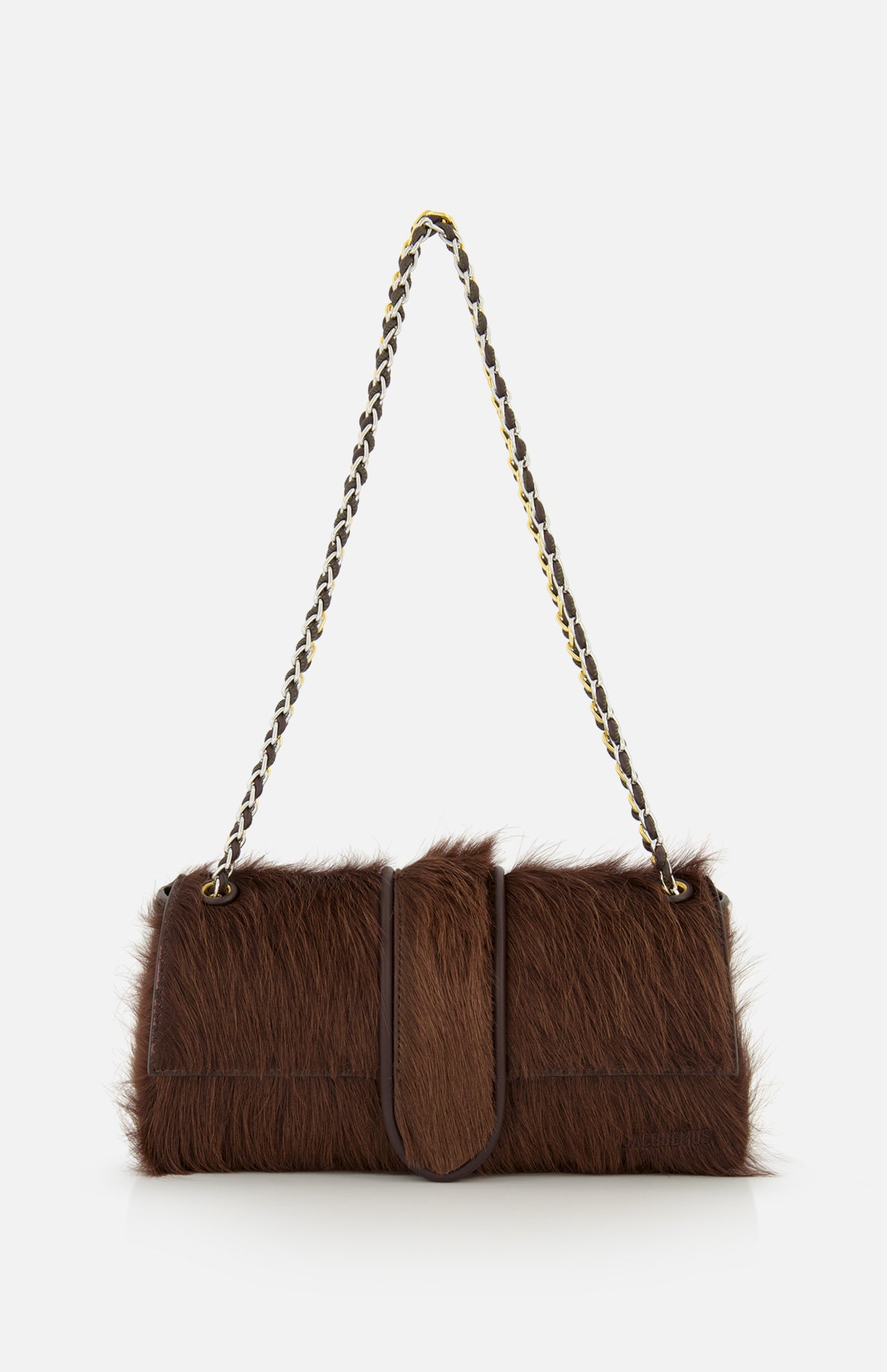 JACQUEMUS Le Bambino Chaine bag, a rectangular brown cow hair shoulder bag with a braided chain strap.