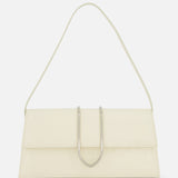 The JACQUEMUS Le Bambino Long Ostrich Bag is a minimalist off-white Italian leather top-handle bag, featuring a rectangular silhouette, ostrich embossed finish, single strap, and metallic U-shaped front detail against a plain white background.