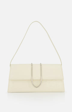 The JACQUEMUS Le Bambino Long Ostrich Bag is a minimalist off-white Italian leather top-handle bag, featuring a rectangular silhouette, ostrich embossed finish, single strap, and metallic U-shaped front detail against a plain white background.