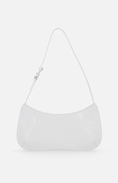 The JACQUEMUS Le Bisou Shoulder Bag is a minimalist white leather piece from Italy, featuring a curved rectangular silhouette, single adjustable strap, and smooth shiny finish against a plain light backdrop.