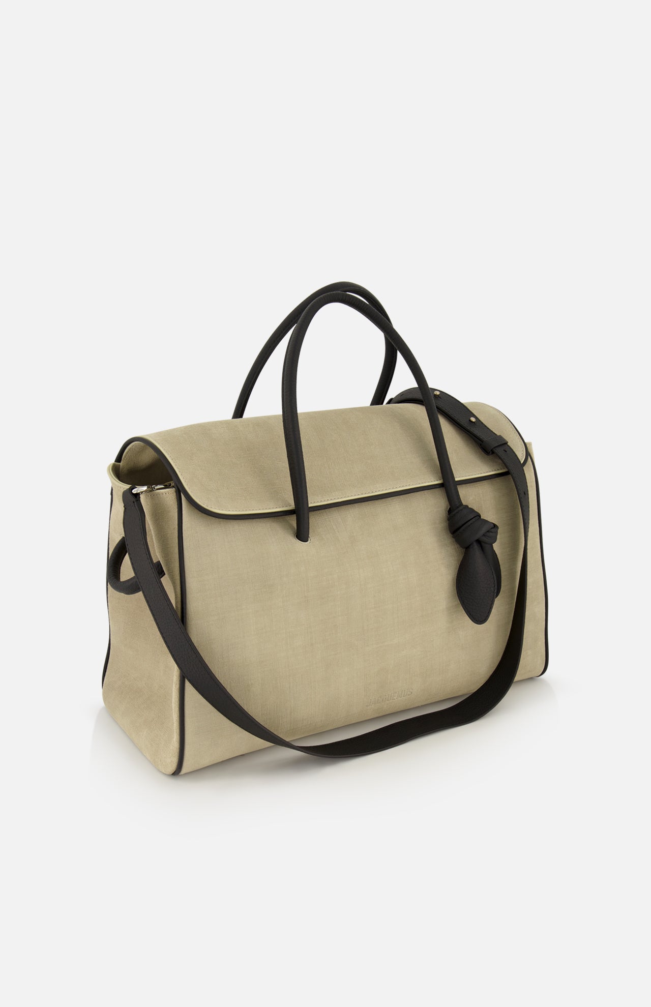 Beige structured JACQUEMUS Le Cabas Turismo Tote Bag with black trim, handles, and a detachable shoulder strap.
