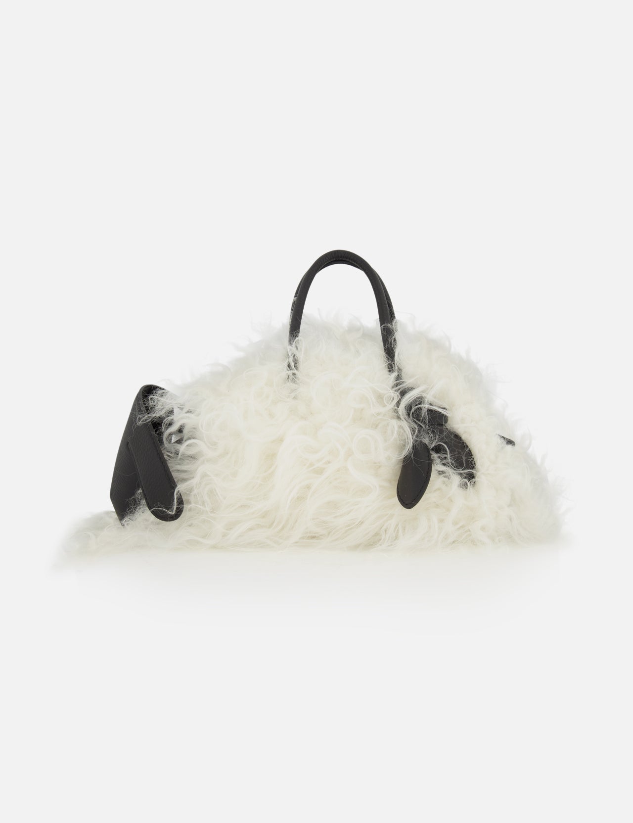 White shaggy faux-shearling Le Petit Turismo Sheep Hand Bag with black leather top handles and side straps.