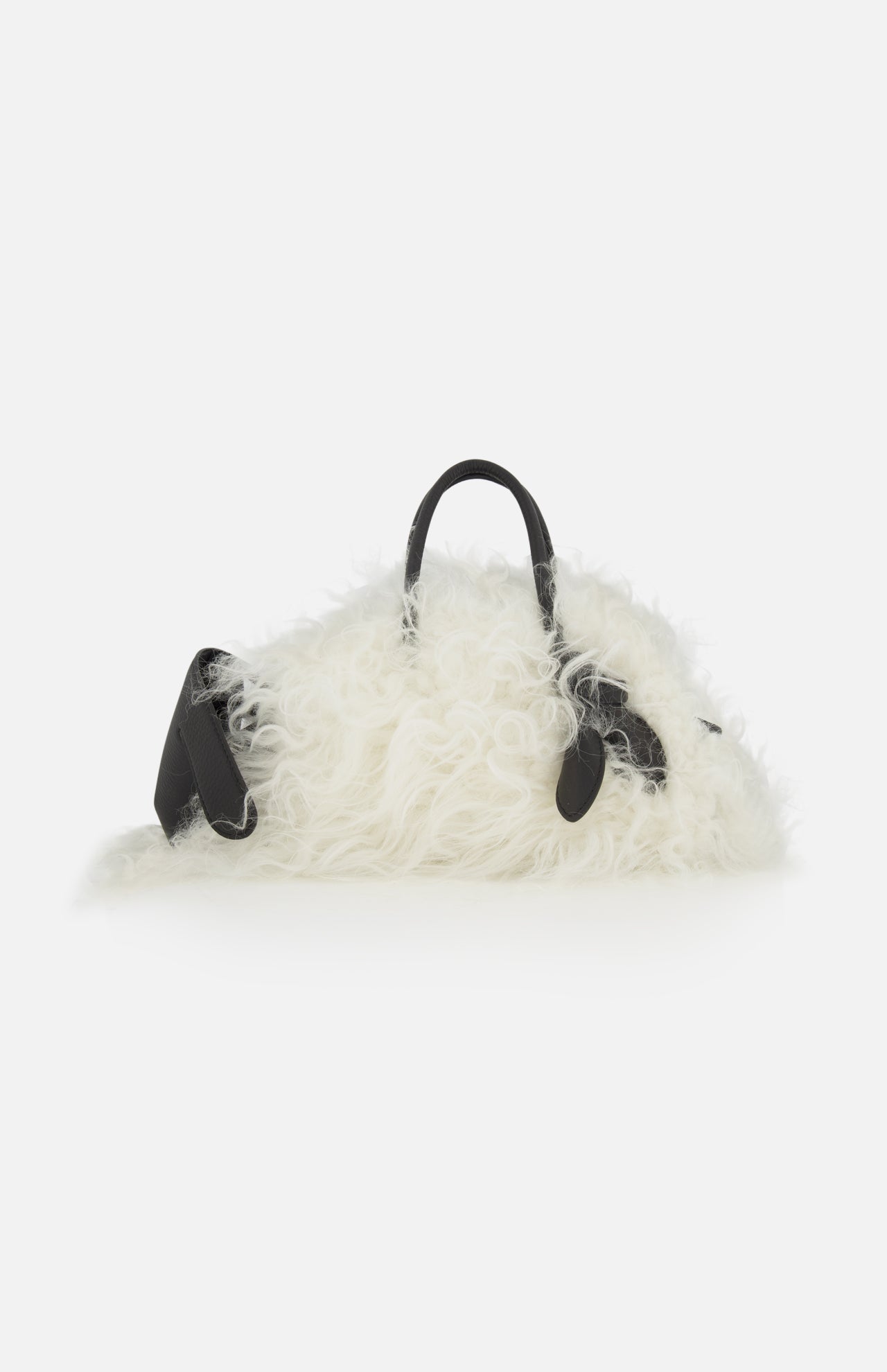 White shaggy faux-shearling Le Petit Turismo Sheep Hand Bag with black leather top handles and side straps.