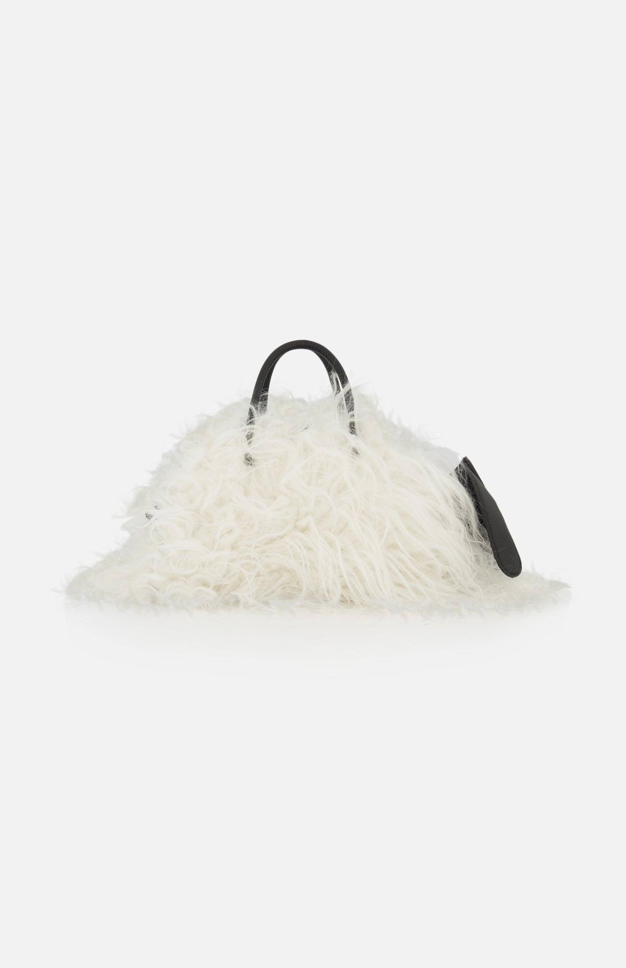 Le Petit Turismo Sheep Hand Bag in white fluffy shearling with black top handles and a small black side pouch.