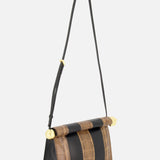 Introducing the Le Sac Rond Carre Clutch by JACQUEMUS—a stylish handbag crafted from python-embossed leather with a brown snakeskin-patterned flap, complemented by black vertical stripes and luxurious gold hardware. The gold JACQUEMUS logo adorns the lower front, while an adjustable and detachable black strap allows for versatile wear as either a clutch or shoulder bag.