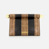 Introducing the JACQUEMUS Le Sac Rond Carre Clutch—a small clutch bag crafted from brown python-embossed leather with striking black leather stripes. Accented with gold hardware and finished with the iconic Jacquemus logo in gold lettering on the front, this chic accessory also comes with a detachable strap for versatile styling options.
