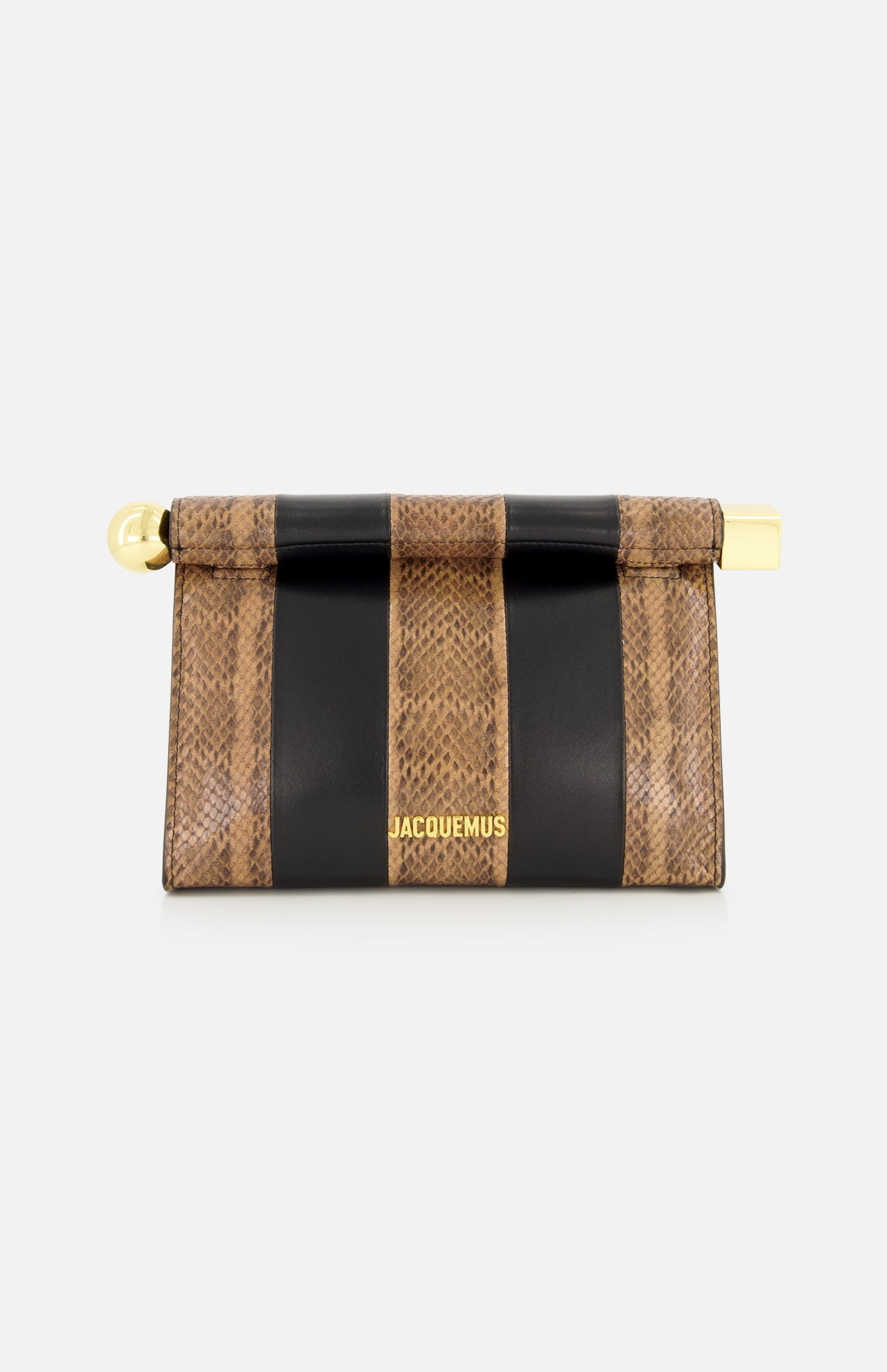 Introducing the JACQUEMUS Le Sac Rond Carre Clutch—a small clutch bag crafted from brown python-embossed leather with striking black leather stripes. Accented with gold hardware and finished with the iconic Jacquemus logo in gold lettering on the front, this chic accessory also comes with a detachable strap for versatile styling options.