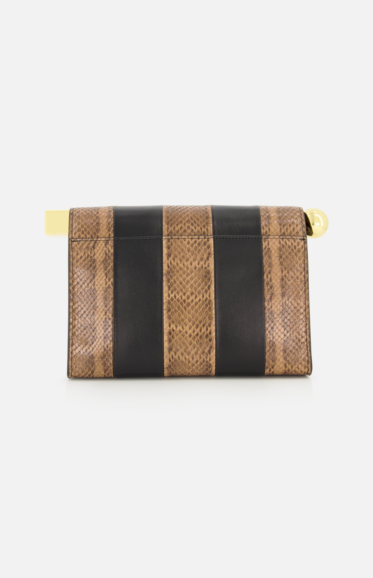 The Le Sac Rond Carre Clutch by JACQUEMUS is a rectangular clutch bag showcasing alternating vertical stripes of brown python-embossed leather and black leather, finished with a gold clasp on the right side, set against a white background.