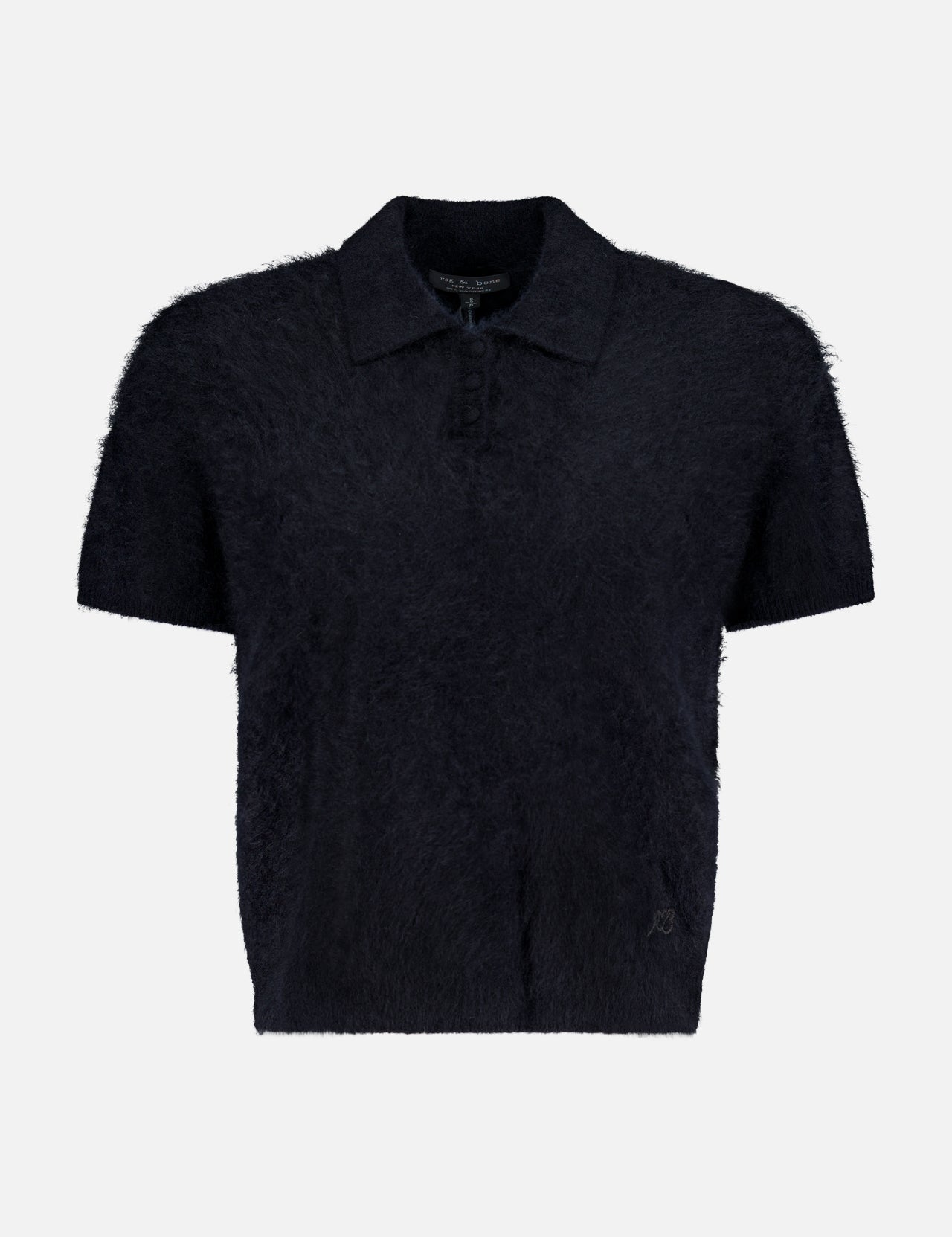 The RAG & BONE Jada Brushed Cashmere Short Sleeve Polo, in black, features a collar and three front buttons, shown against a plain white background.