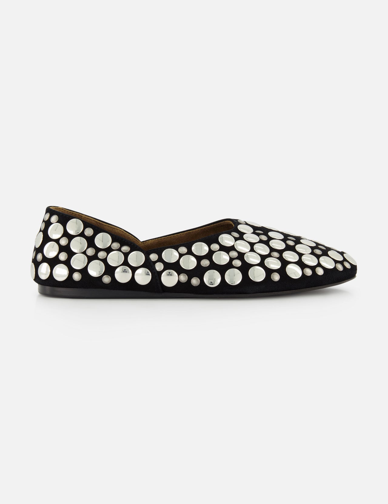 The KHAITE Jane Flat with Studs is a black suede Italian low-heel shoe, covered in round silver studs of varying sizes, shown in side profile on a white background.