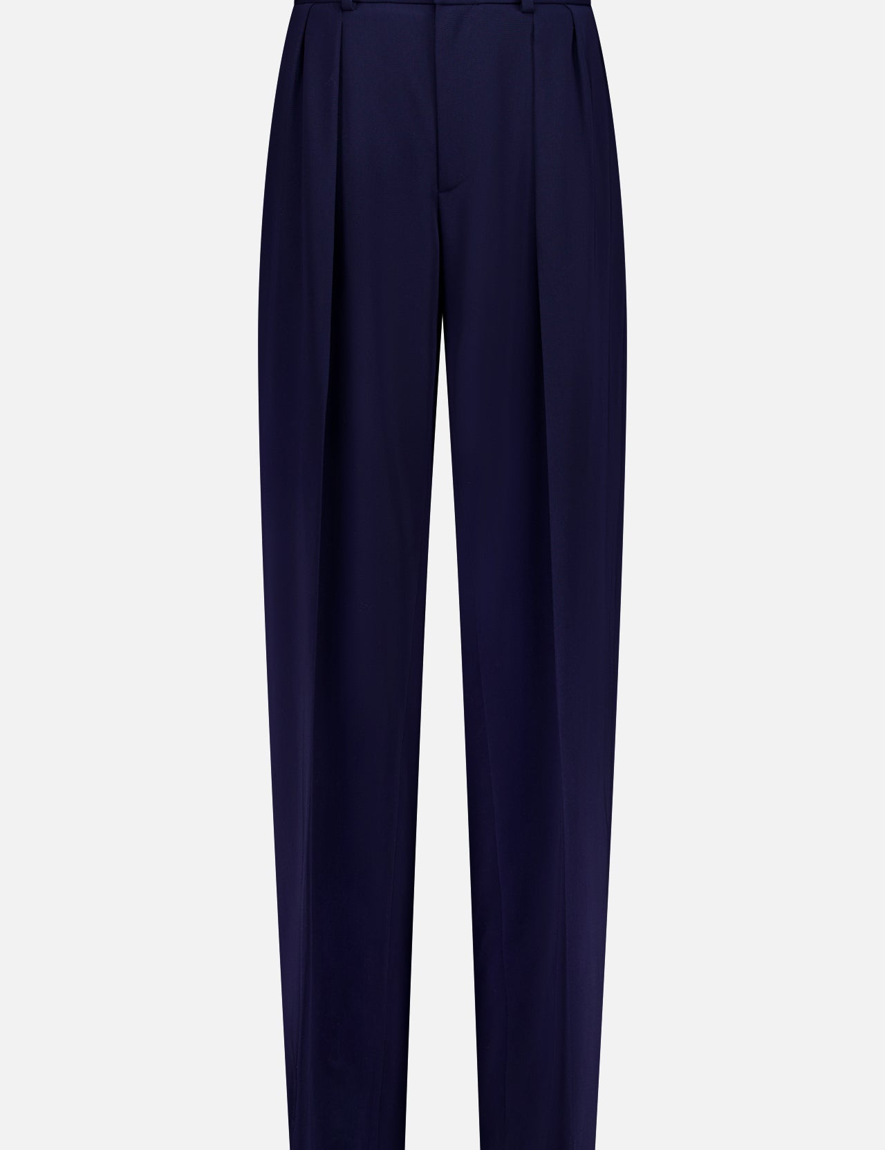 The Jody Pleated Wool Trousers by RALPH LAUREN COLLECTION feature a straight-leg silhouette in navy with front pleats, belt loops, and side pockets, shown against a plain white background.