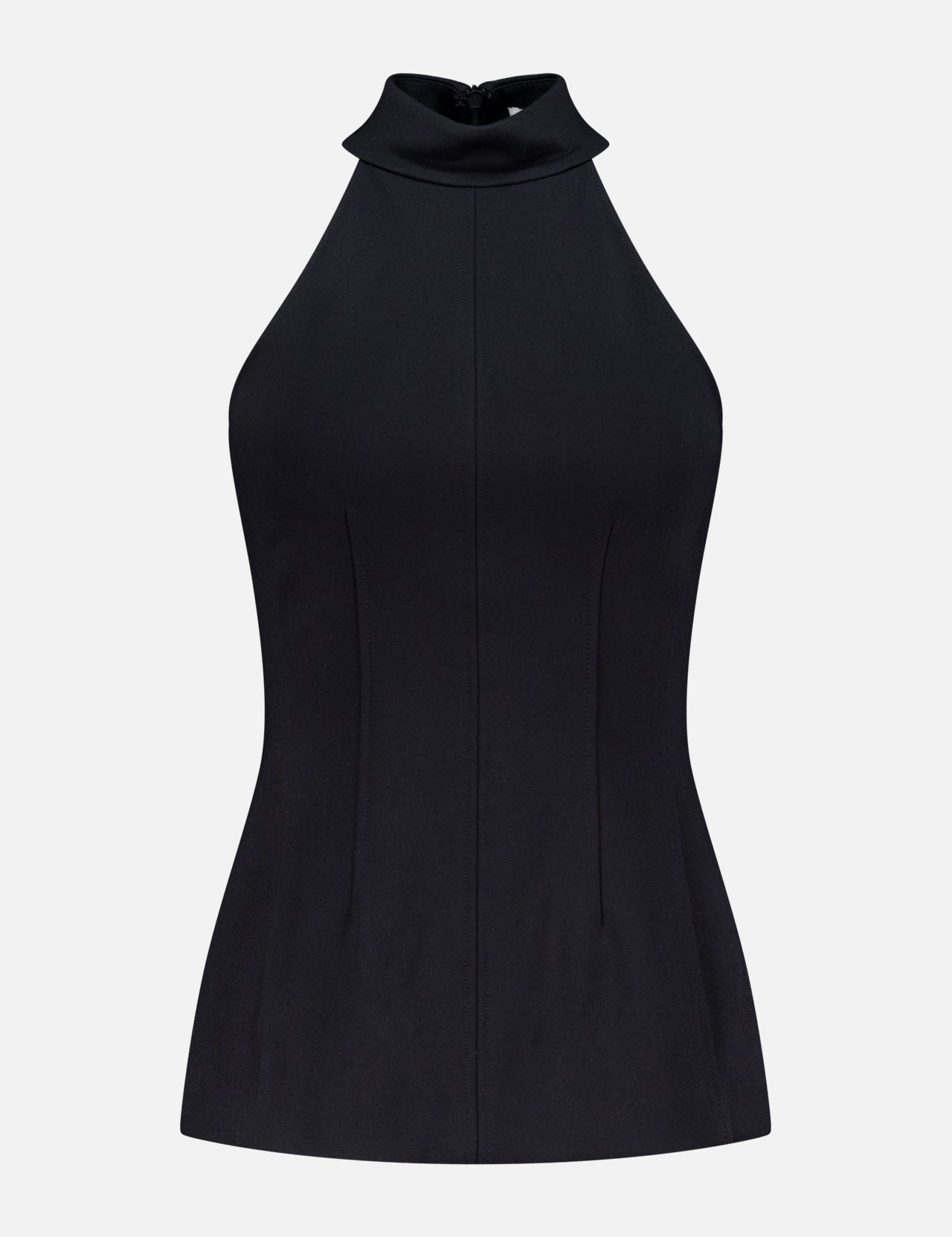 The Johanne Halter Neck Top by VERONICA BEARD features a sleeveless black design, fitted silhouette, and premium stretch fabric, shown against a light gray background.