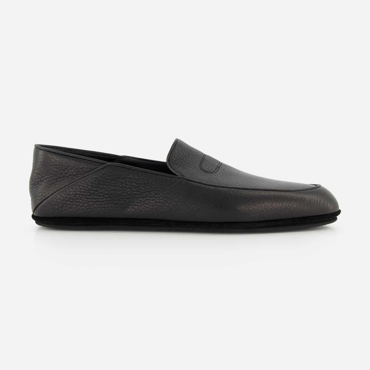 The JOHN LOBB Kingston II Loafer is a black shoe featuring a textured surface, flat sole, and minimalistic slip-on design, shown against a plain white background.