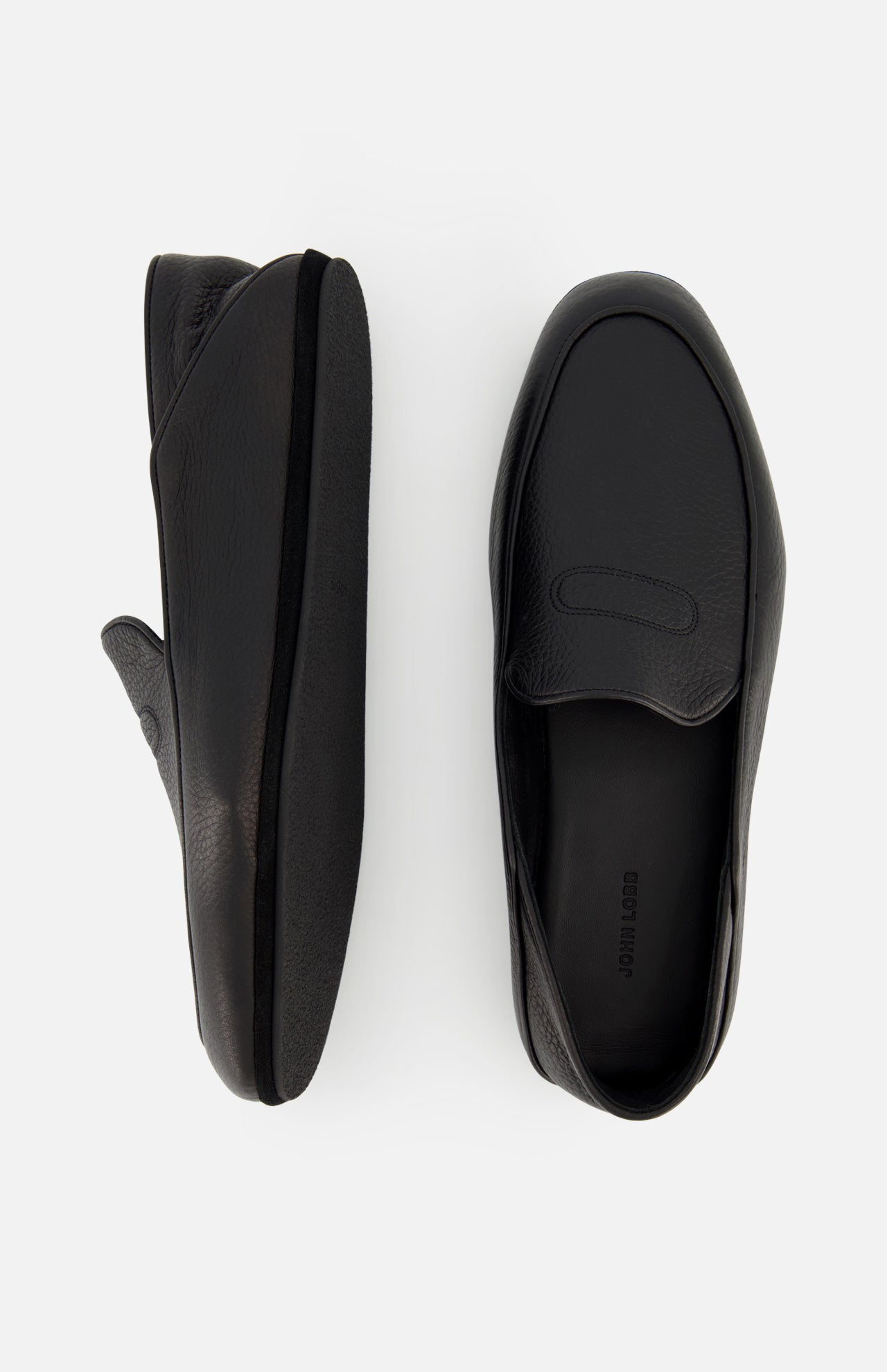 A pair of JOHN LOBB Kingston II Loafers in black textured leather, displayed from the side and top angles on a light gray background.