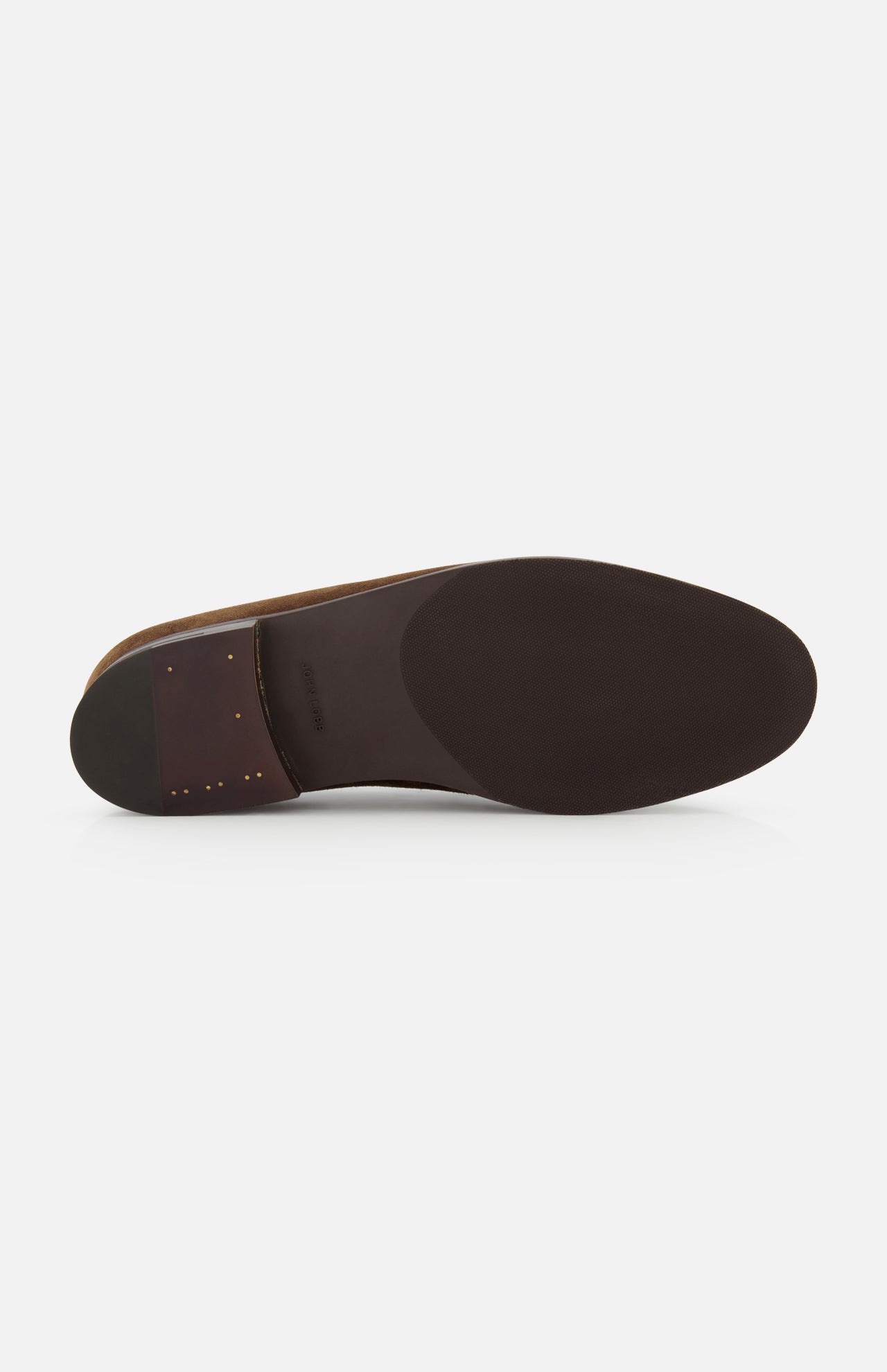 The image displays the bottom view of the JOHN LOBB Lopez Suede Loafer in dark brown, handmade in England. It features a smooth sole, a slightly raised heel with small gold-colored studs, set against a plain white background.