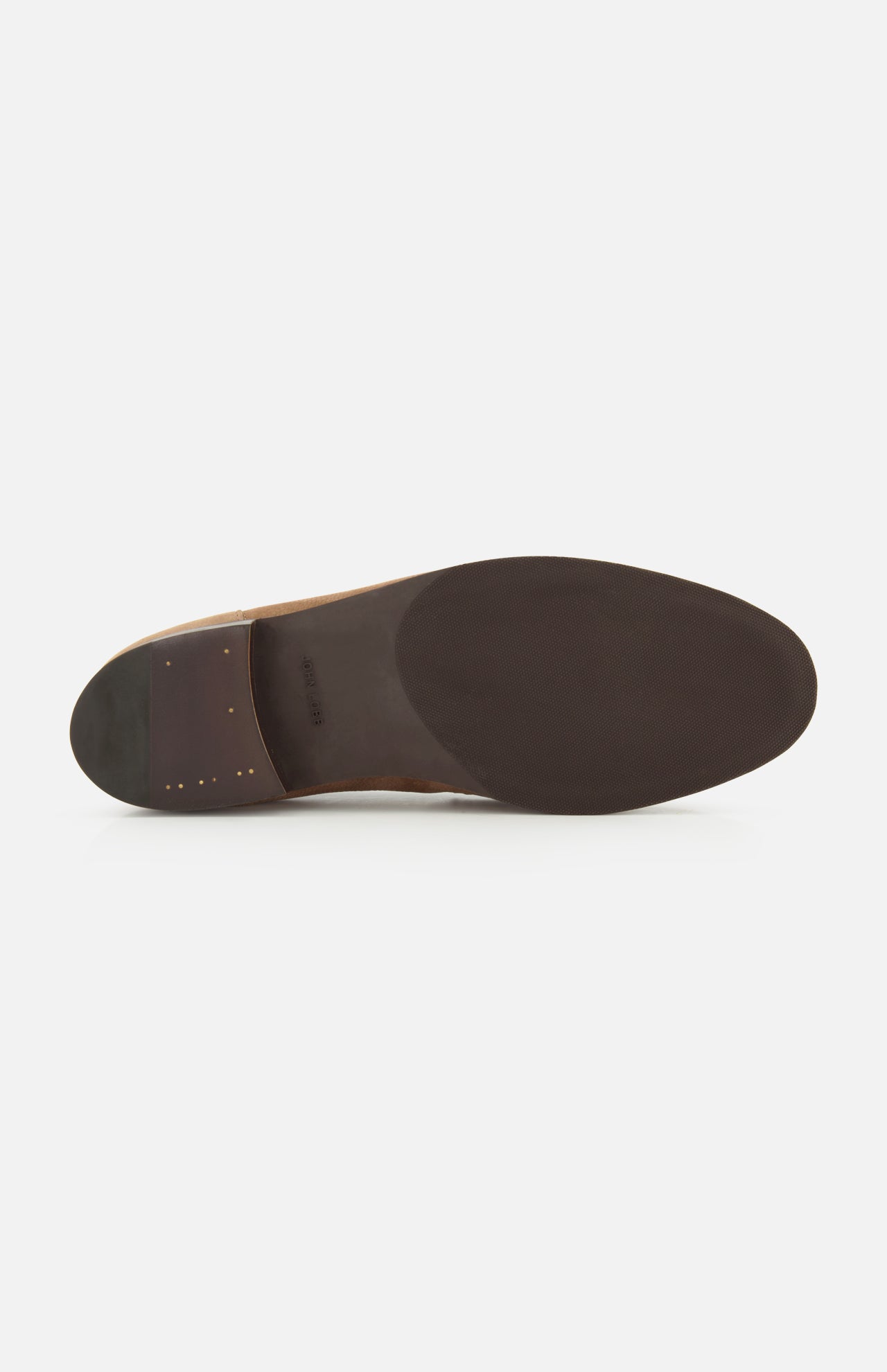 The image displays the bottom view of the JOHN LOBB Bath Nubuck Loafer, highlighting its dark brown sole and heel. Small gold-colored nails are visible near the heel, with imprinted text located near the center. The product is photographed against a white background.