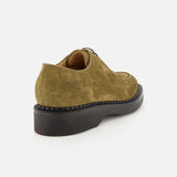 The Smith Suede Loafer by JOHN LOBB, rendered in olive-green suede and inspired by classic English creepers with a thick black sole, is shown from the back on a white background.