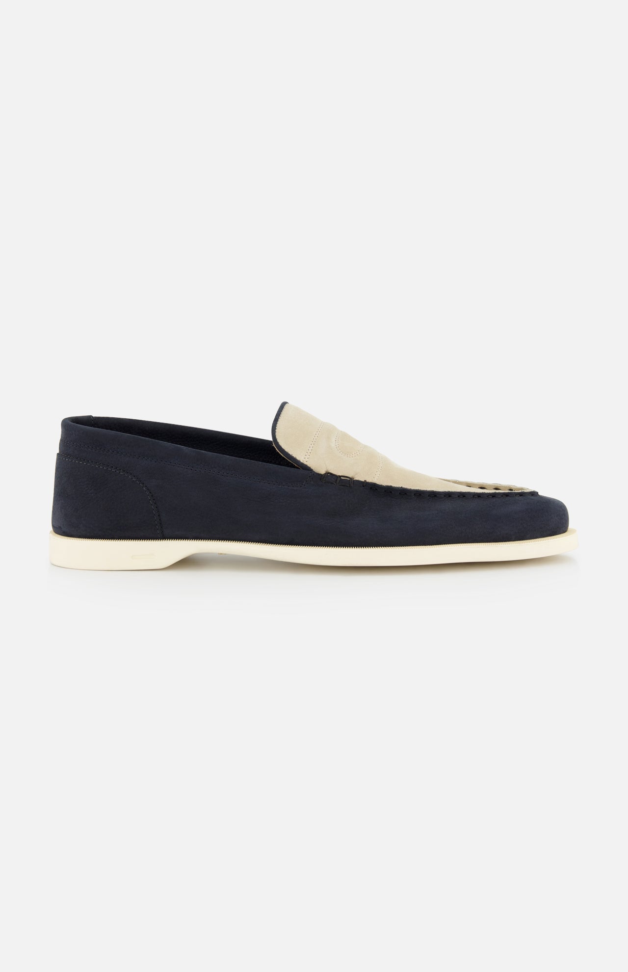 The JOHN LOBB Pace Suede 2 Tones Loafer features navy blue suede, a cream leather upper panel, and a white super flex rubber sole, displayed in profile against a plain white background.