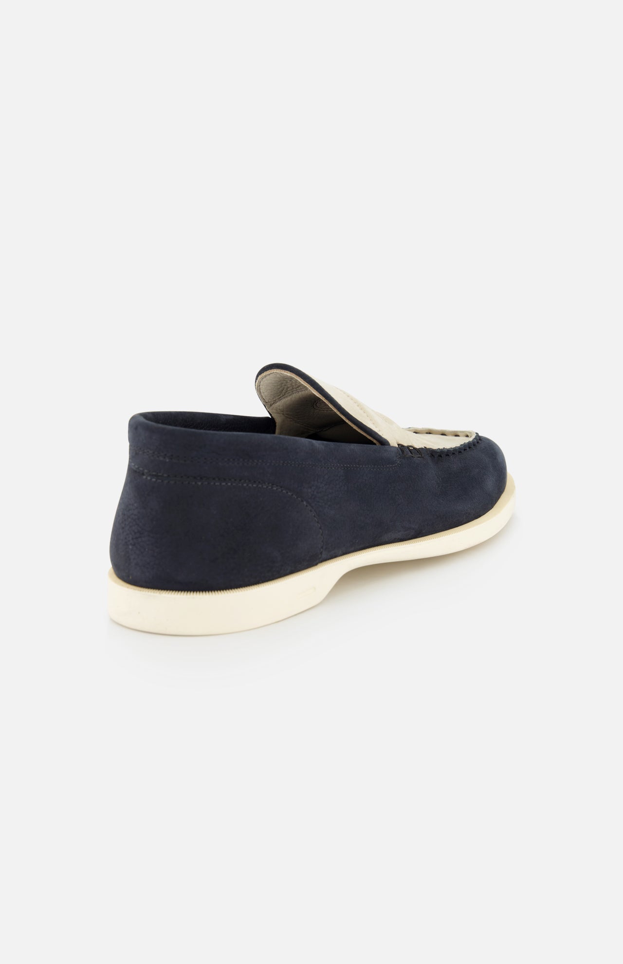 The JOHN LOBB Pace Suede 2 Tones Loafer, in navy blue and beige suede with a white rubber super flex sole, is shown from the back and side against a plain white background.