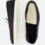 Top view of JOHN LOBB Pace Suede 2 Tones Loafer, made in England with cream suede uppers, dark navy sides and soles, visible stitching, and textured off-white super flex rubber soles.
