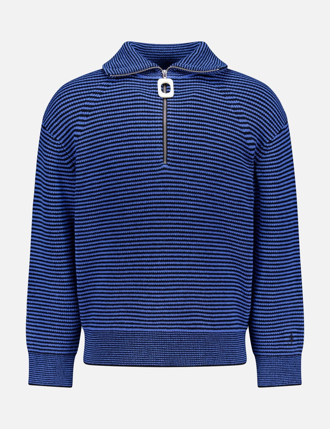 The JW ANDERSON Half Zip Striped Sweater features blue and black stripes, a wide collar, long sleeves, and a rectangular silver zipper pull. Its ribbed-knit relaxed fit includes ribbed cuffs and hem for comfort.