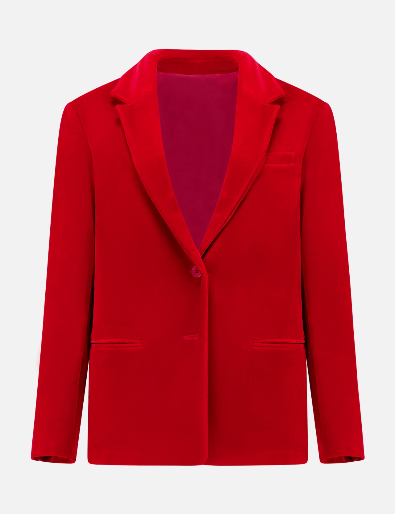 The JW ANDERSON Single Breasted Jacket is a vibrant women's red velvet blazer featuring a notched lapel, two front pockets, and a two-button closure, shown on a plain white background.