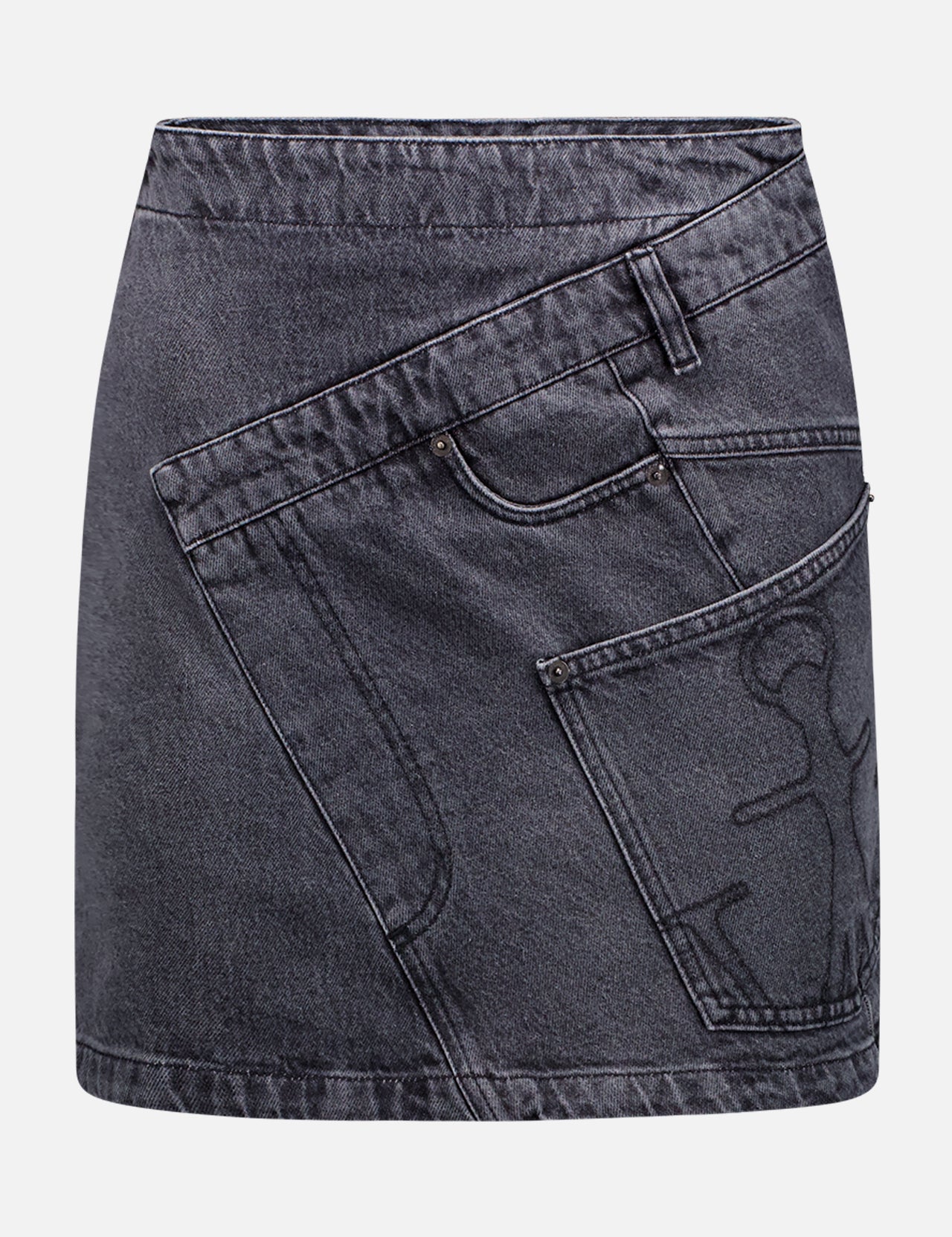 The JW ANDERSON Twisted Mini Skirt is a grey denim mini skirt with an asymmetrical, twisted design, overlapping panels, visible stitching, and prominent front pocket details.