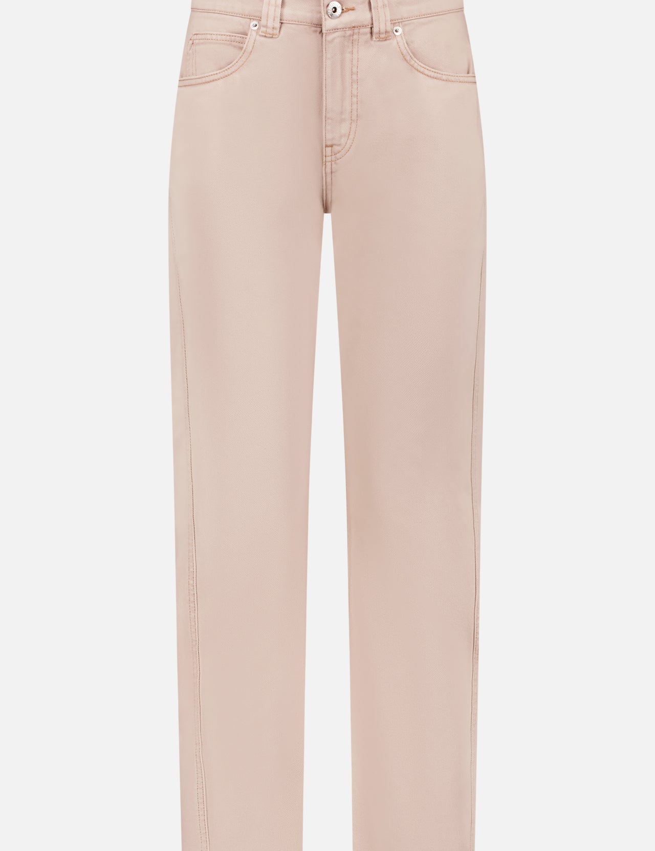 JW ANDERSON Twisted Slim Leg Jeans in beige, featuring a high waist, straight slim fit, front and back pockets, belt loops, and button-zip closure; shown on a white background.