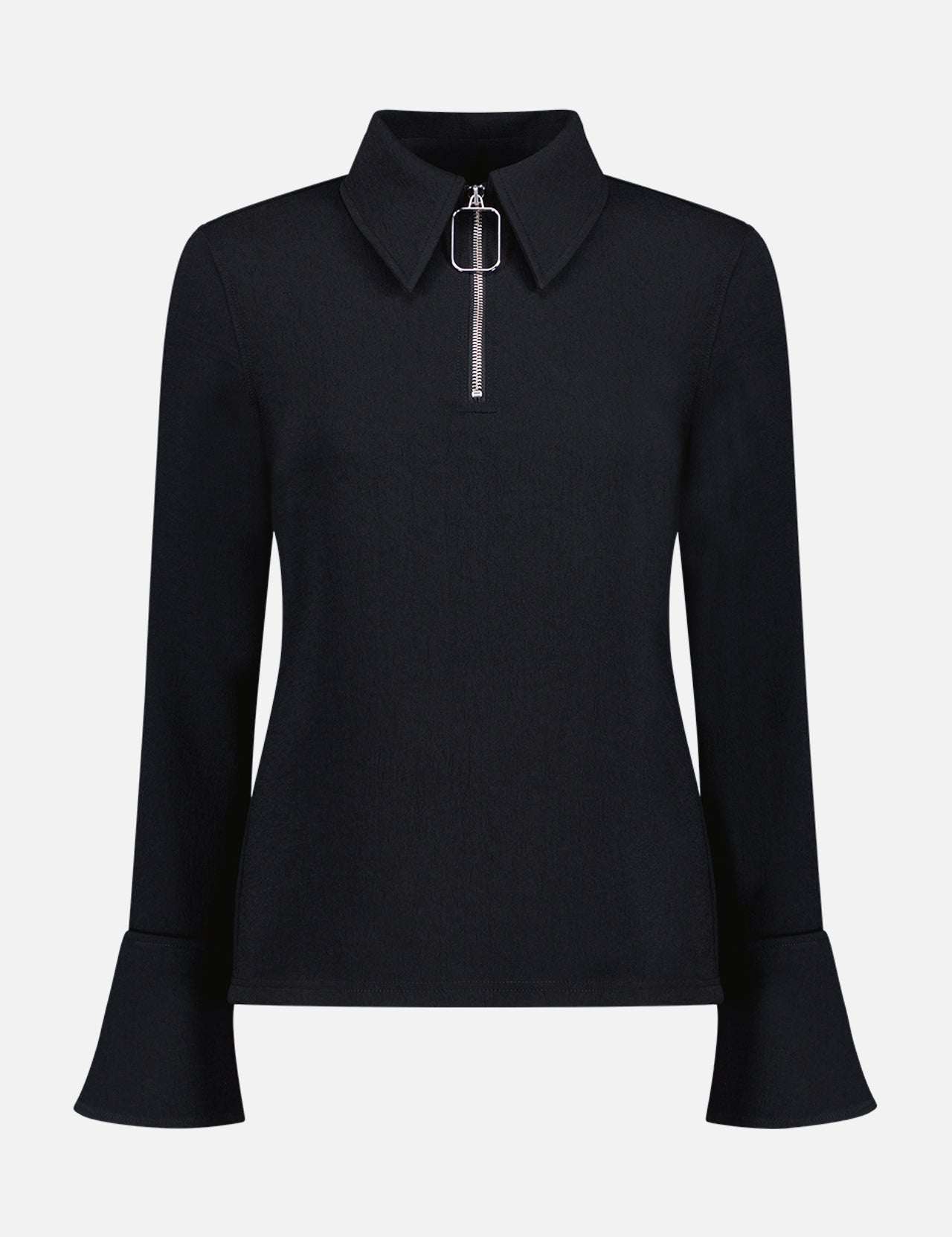 The JW ANDERSON Wire Pulley Henley Top is a black long-sleeve knit with a pointed collar, half-zip neckline with a rectangular pull, and flared cuffs, shown against a plain white background.