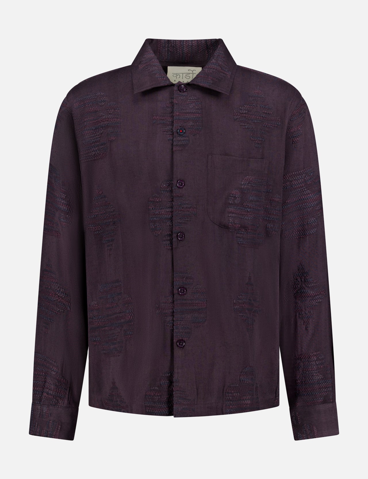 The KARDO Martin Relaxed Fit Jacquard Shirt is a dark purple, long-sleeve button-up with a subtle jacquard pattern and single chest pocket, shown on a plain white background.