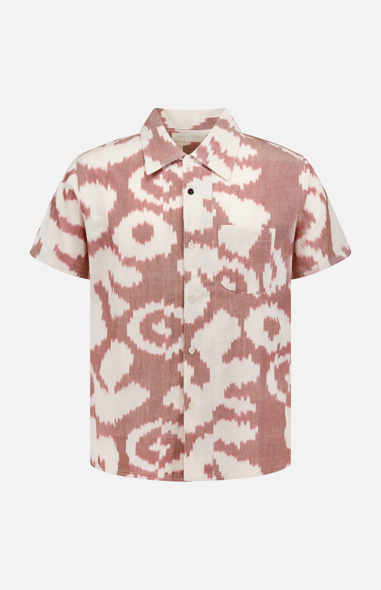 The KARDO Chintan Short Sleeve Shirt features a pink and white abstract floral print, classic collar, chest pocket, relaxed boxy fit, and 100% cotton fabric, shown on a plain white background.