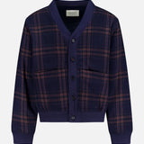 The Janesh Quilted Plaid Cardigan by KARDO features a navy blue and burgundy plaid design with a V-neckline, black buttons, two front pockets, and ribbed cuffs and hem—blending timeless style with exceptional comfort for men.