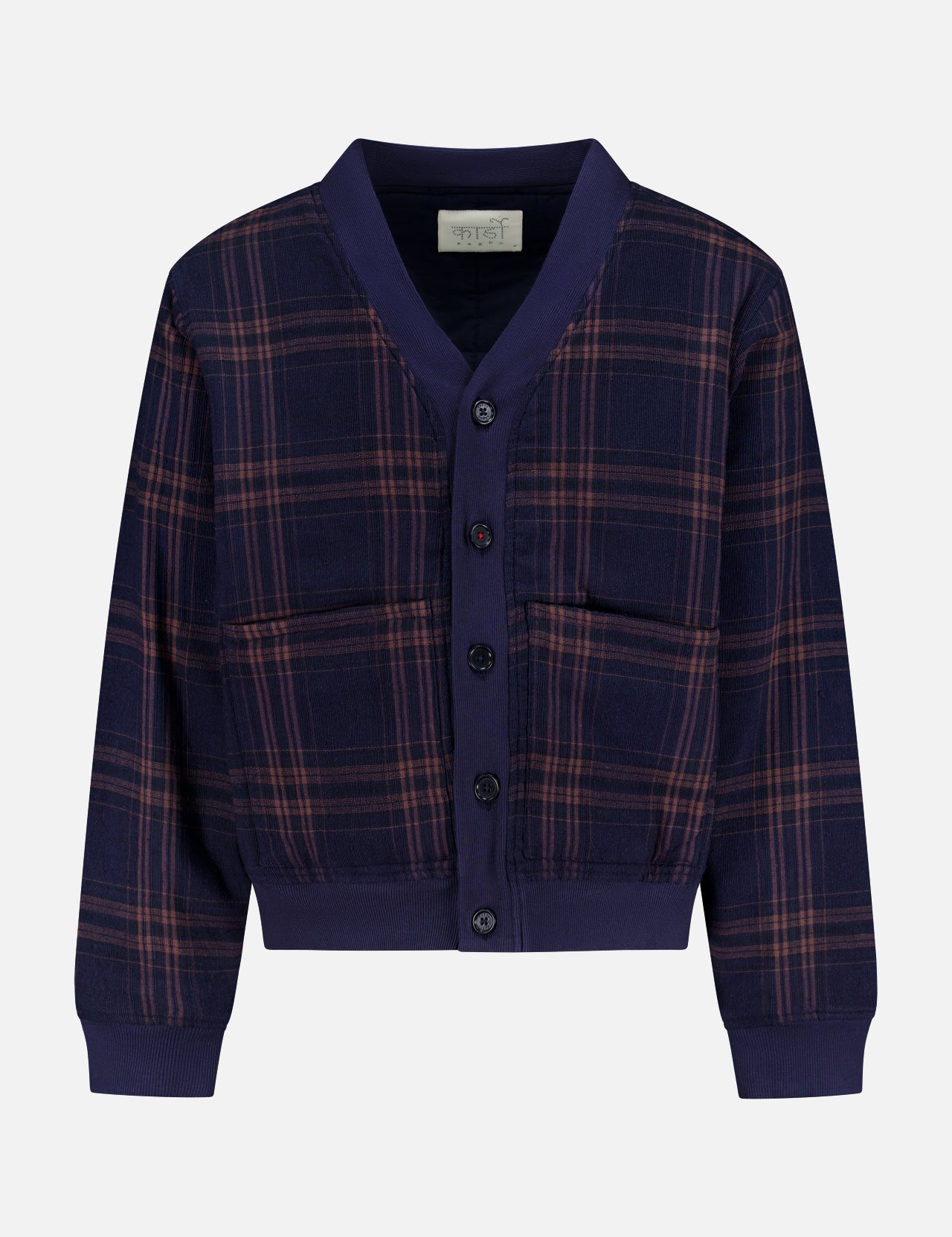 The Janesh Quilted Plaid Cardigan by KARDO features a navy blue and burgundy plaid design with a V-neckline, black buttons, two front pockets, and ribbed cuffs and hem—blending timeless style with exceptional comfort for men.